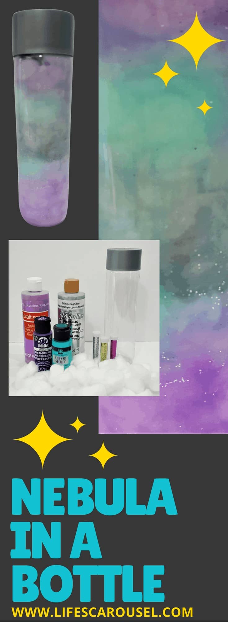 Nebula in a Bottle | DIY Nebula in a Bottle - make your own mini galaxy in a bottle. Quick & easy kids project. Just uses - cotton wool, paint, glitter and water!