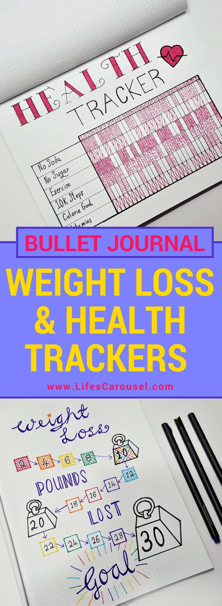 Weight Loss Tracker Bullet Journal | Use your bullet journal to track your weight loss, meal planning, health, exercise and more. Weight Loss Tracker Spread & Health Tracker Spread.