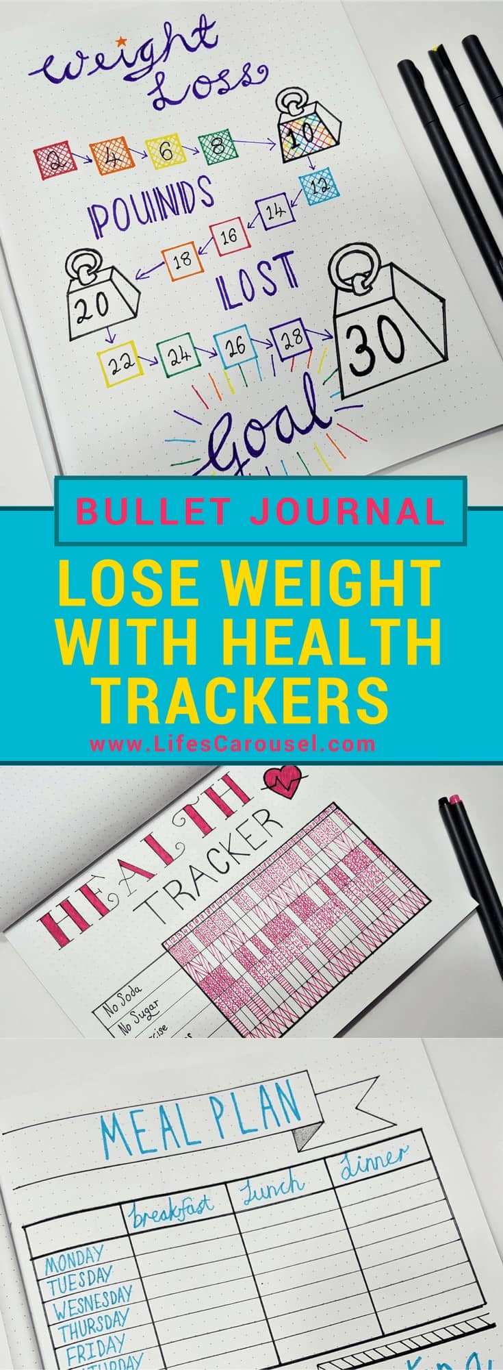 Weight Loss Tracker Bullet Journal | Use your bullet journal to track your weight loss, meal planning, health, exercise and more. Weight Loss Tracker Spread & Health Tracker Spread.