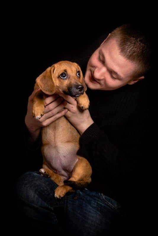 Owner cuddling dog