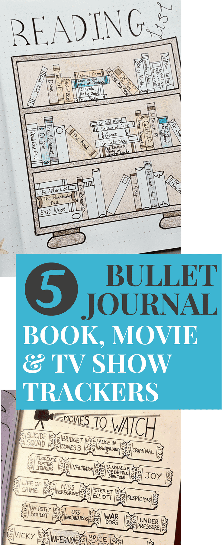 Reading Tracker | Bullet Journal | A selection of great bullet journal tracker ideas for keeping up with the books, movies and TV shows you want to read and see! Track all your entertainment options with these spreads.