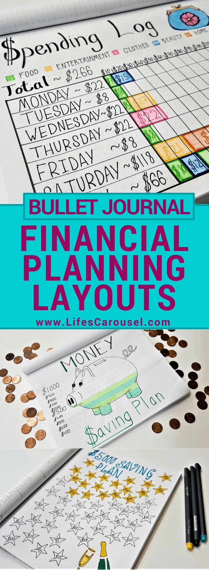 Bullet Journal Budget Tracker & More | Awesome ways to use your bullet journal as a savings tracker, money layouts, spending log spread and more. Get your finances in order with your Bujo!