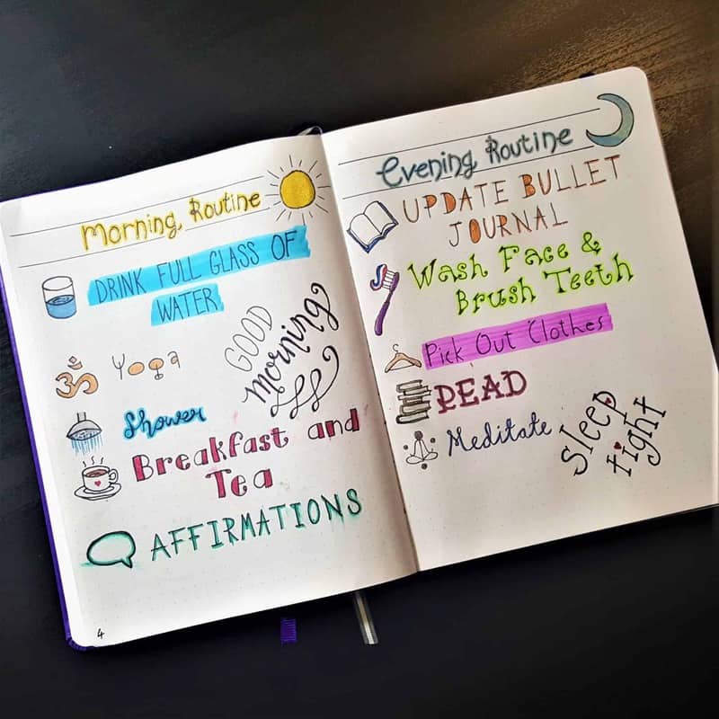 Bullet Journal Ideas to Make Life Easier - Morning & Evening Bullet Journal Routines | Using your bullet journal layout to create the perfect morning and evening routines. Track your success in your bujo with routine tracker pages. Reset Your Life!